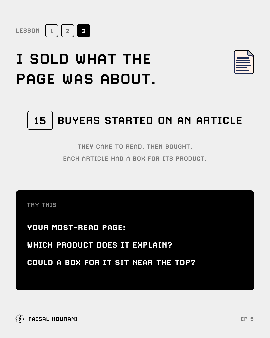 Lesson 3 from episode 5: I sold what the page was about, 15 buyers started on an article