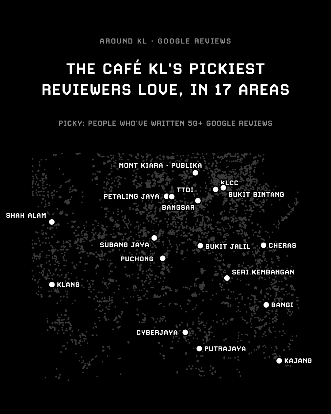 Map of the top café by picky reviewers in 17 areas around KL