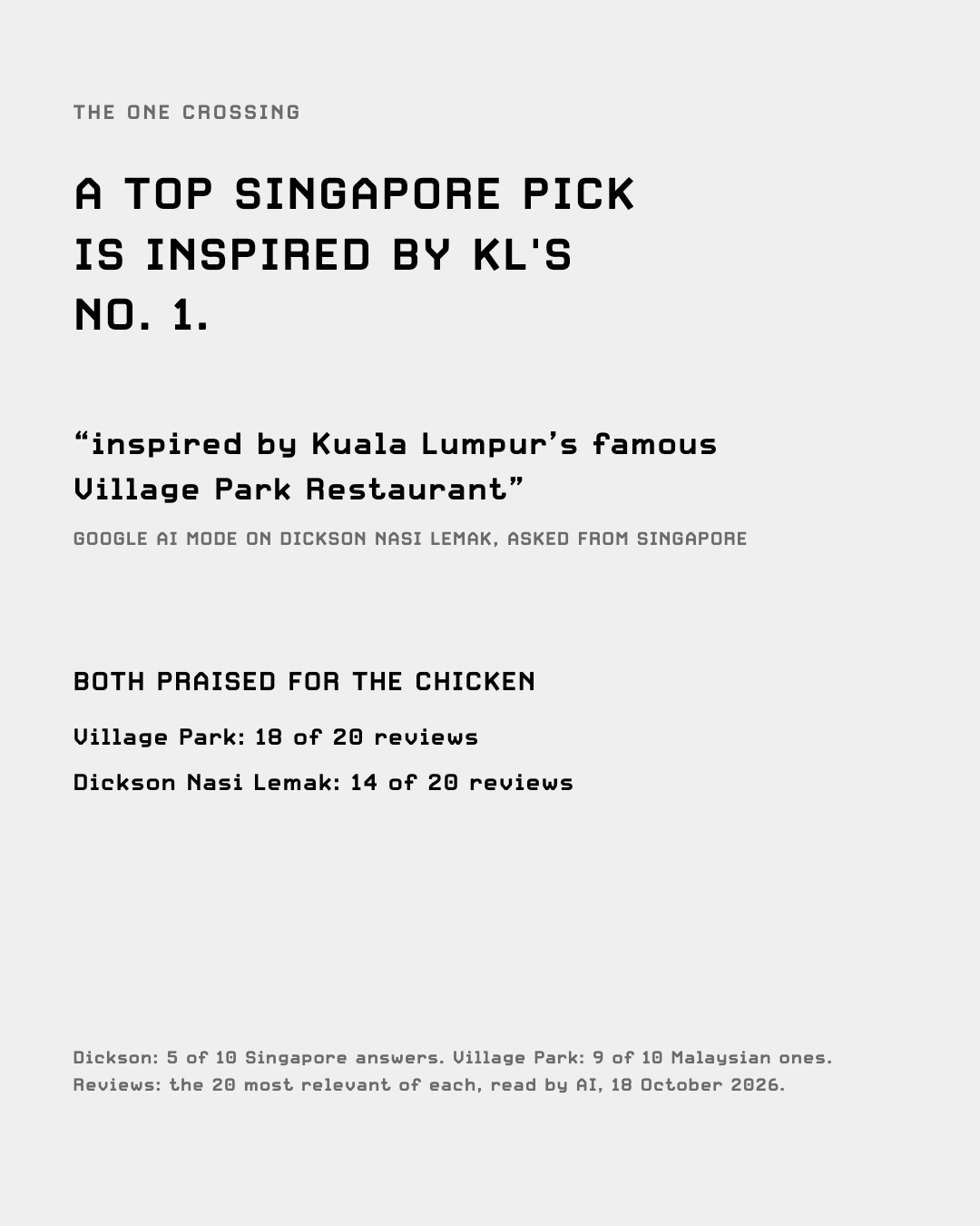 Singapore's number two pick, Dickson, is inspired by KL's number one, Village Park; both praised for the chicken